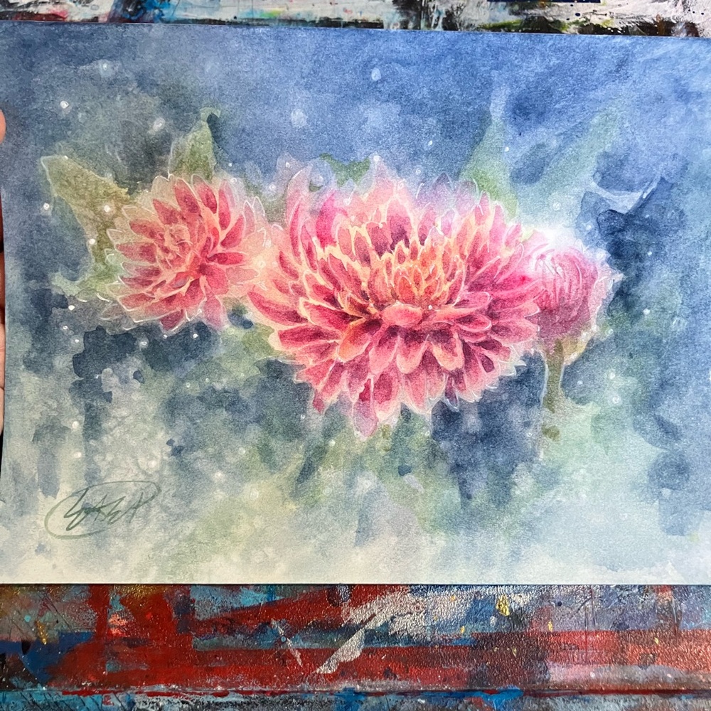 Original Chrysanthemum floral watercolor handmade home decor artwork Artettina - Picture 4 of 8